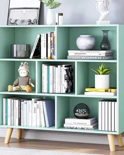 IOTXY Wooden Open Shelf Bookcase - 3-Tier Floor Standing Display Cabinet Rack with Legs, 7 Cubes Bookshelf, Tiffany-Green - LeafyLoom