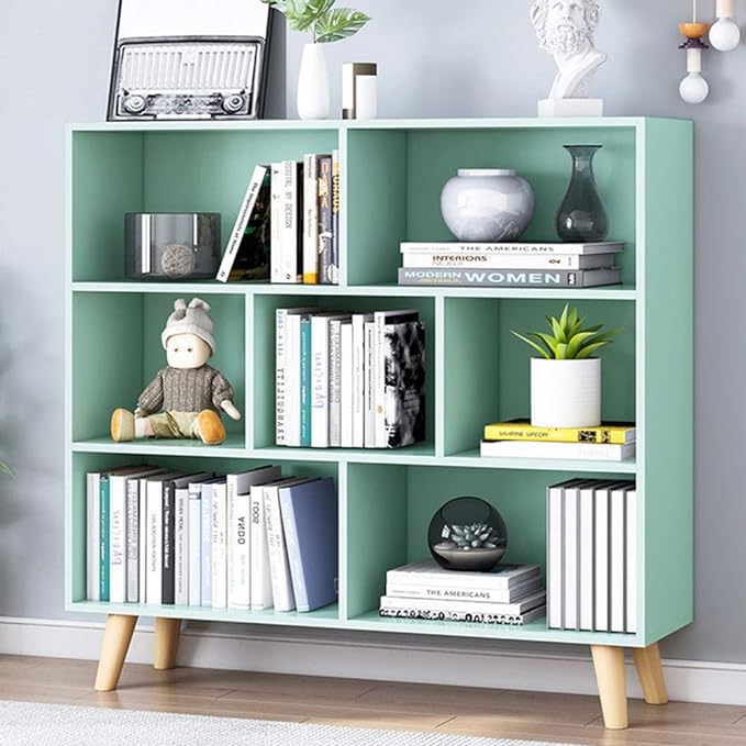 IOTXY Wooden Open Shelf Bookcase - 3-Tier Floor Standing Display Cabinet Rack with Legs, 7 Cubes Bookshelf, Tiffany-Green - LeafyLoom