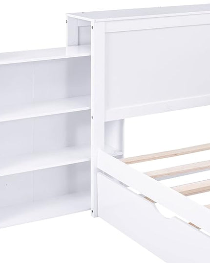 Storage Platform Bed Frame Queen with Pull Out Shelves and Twin XL Size Trundle, Wooden Platform Bed with Storage Headboard for Bedroom, No Box Spring Needed, Easy Assembly, White - LeafyLoom