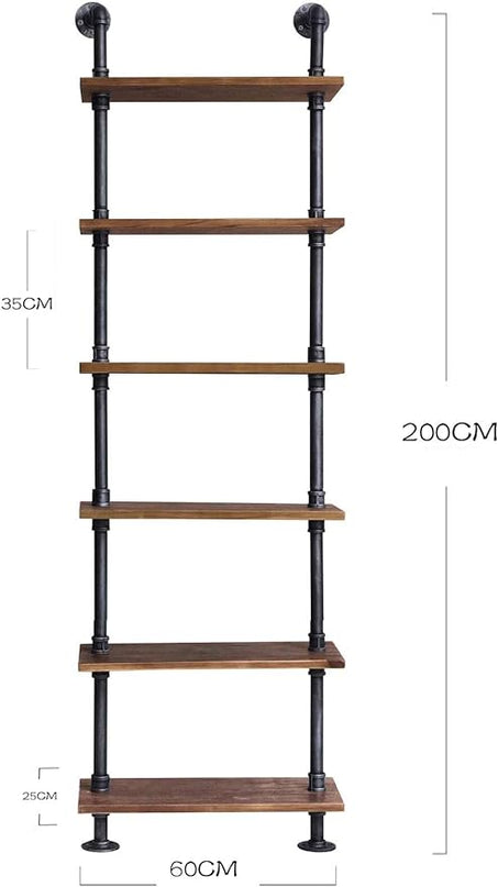 Diwhy 24”width Industrial Pipe Shelves Rustic Modern Wood Ladder Bookcase with Metal Frame,Pipe Wall Shelf,Wood Storage,Home Decor,Display Shelving,Retro Floating Wood Shelving,6 Layer Bookshelf - LeafyLoom