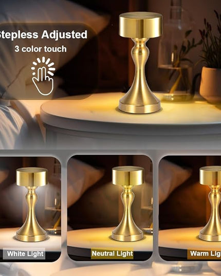 Portable Metal Desk Lamp, Cordless Metal LED Table Lamp,3 Color Touch Control Rechargeable Lamp,3-Levels Brightness Room Decor Desk Lamp,Bedside Lamp,Dining Room Lamp (Gold) - LeafyLoom