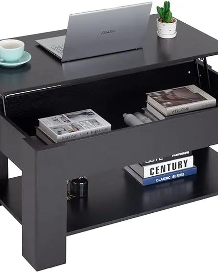 FDW Lift Top Coffee Table with Hidden Compartment and Storage Shelf Wooden Lift Tabletop for Home Living Room Reception Room Office (Black) - LeafyLoom