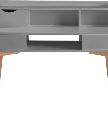 Teamson Home Creativo Writing Study Computer Desk with Solid Wood Legs, Storage Drawers and Open Shelves Hutch for Home Office Living Room Reading Bedroom, 37 inch Height, Gray - LeafyLoom
