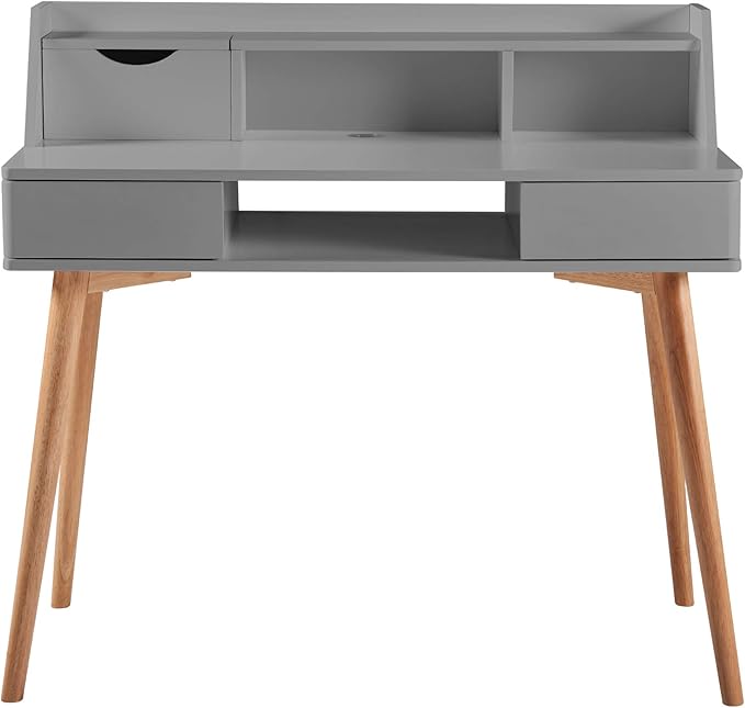 Teamson Home Creativo Writing Study Computer Desk with Solid Wood Legs, Storage Drawers and Open Shelves Hutch for Home Office Living Room Reading Bedroom, 37 inch Height, Gray - LeafyLoom