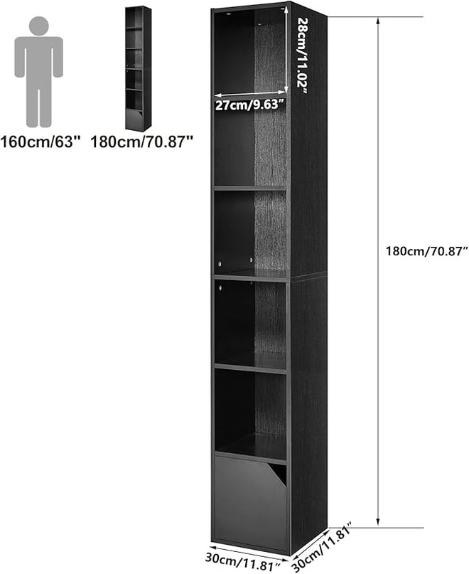 IBUYKE 6 Tier Tall Narrow Bookcase, Modern Black Corner Bookcase with Doors Storage,Cube Media Tower Rack,Cabinet,Floor Standing Display Storage Shelves for Small Spaces,for Home Office Black UWBC001B - LeafyLoom