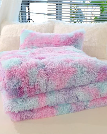 Faux Fur Kids Girls Purple Rainbow Comforter Sets King - 3PC Bed Set Warm Comfortable Soft Plush Flannel Velvet Fluffy Fuzzy Bedding（Comforter x 1 Pillowcases x 2） - LeafyLoom