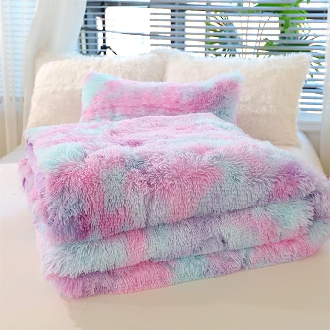Faux Fur Kids Girls Purple Rainbow Comforter Sets King - 3PC Bed Set Warm Comfortable Soft Plush Flannel Velvet Fluffy Fuzzy Bedding（Comforter x 1 Pillowcases x 2） - LeafyLoom