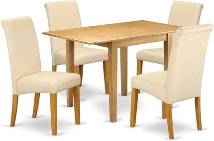 East West Furniture NDBA5-OAK-02 Norden 5 Piece Set Includes a Rectangle Dining Room Table with Dropleaf and 4 Light Beige Linen Fabric Upholstered Parson Chairs, 30x48 Inch, Oak - LeafyLoom