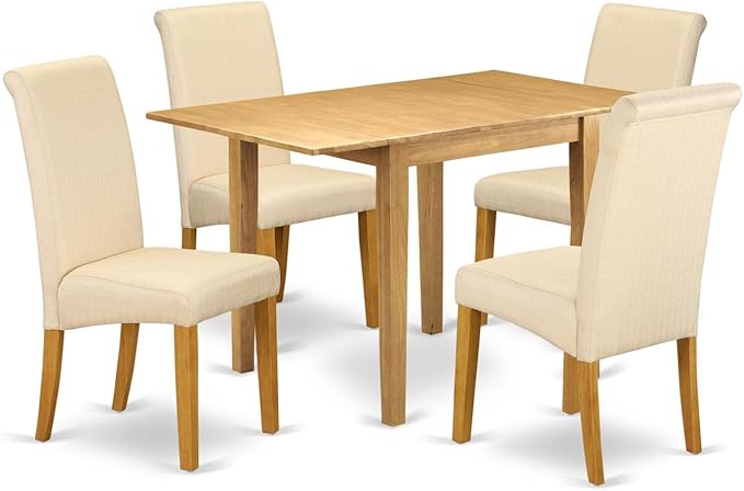 East West Furniture NDBA5-OAK-02 Norden 5 Piece Set Includes a Rectangle Dining Room Table with Dropleaf and 4 Light Beige Linen Fabric Upholstered Parson Chairs, 30x48 Inch, Oak - LeafyLoom