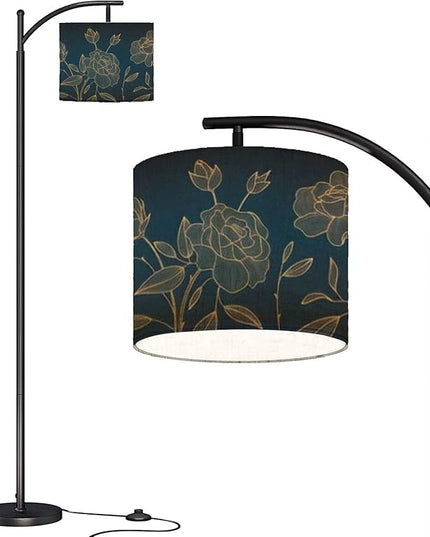 Modern Arc Floor Lamp with Dimmer Mid Century art deco luxury flower roses line golden Hand drawn for packaging Metal Standing Lamp with Linen Shade Footswitch for Living Room Bedroom Office - LeafyLoom