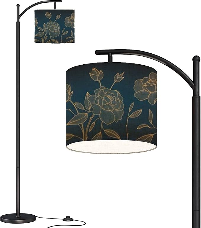 Modern Arc Floor Lamp with Dimmer Mid Century art deco luxury flower roses line golden Hand drawn for packaging Metal Standing Lamp with Linen Shade Footswitch for Living Room Bedroom Office - LeafyLoom