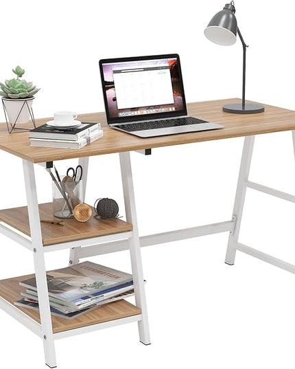 SogesHome Computer Desk 47inches Trestle Desk PC Desk with Shelf Office Desk Workstation for Home Office Use Writing Table, Oak, Tplus-120OK-SH - LeafyLoom