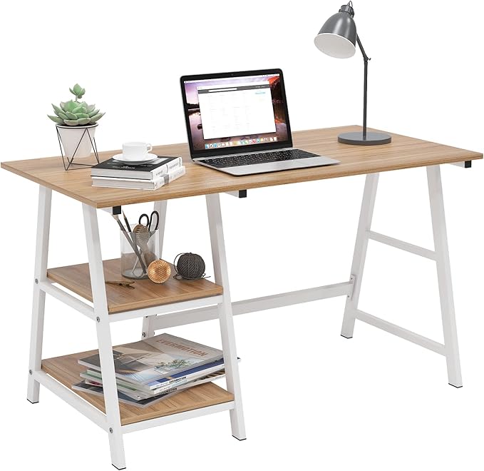 SogesHome Computer Desk 47inches Trestle Desk PC Desk with Shelf Office Desk Workstation for Home Office Use Writing Table, Oak, Tplus-120OK-SH - LeafyLoom