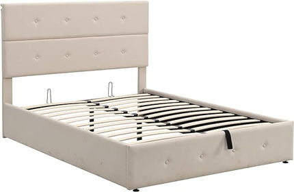 Full Size Upholstered Platform Bed with Underneath Storage, Modern Linen Platform Bedframe with Headboard and Wooden Slat Support,for Kids Adults Living Room Guest Room,Bedroom - LeafyLoom