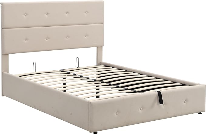 Full Size Upholstered Platform Bed with Underneath Storage, Modern Linen Platform Bedframe with Headboard and Wooden Slat Support,for Kids Adults Living Room Guest Room,Bedroom - LeafyLoom