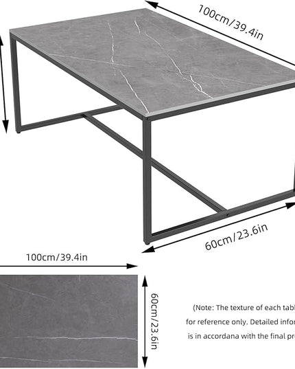 Wisfor Sintered Stone Coffee Table: Grey Sofa Center Table with Black Metal Frame - Rectangular Furniture Decor Table for Living Room, 39.4x23.6x15.7 Inch - LeafyLoom