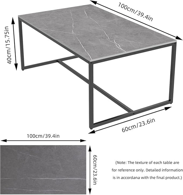 Wisfor Sintered Stone Coffee Table: Grey Sofa Center Table with Black Metal Frame - Rectangular Furniture Decor Table for Living Room, 39.4x23.6x15.7 Inch - LeafyLoom
