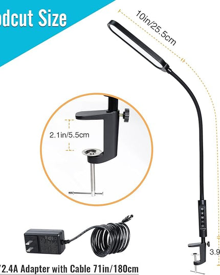 Clamp on Lamp, LED Desk Lamp, 18W, 3000 LMS, 3 Color Modes, 16 Brightness Levels, CRI>95, 0.5H/1H Timer, Eye-Caring Task Lamp with Remote for Reading, Home, Office (Adapter Included) - LeafyLoom