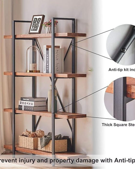 HSH 4 Tier Natural Real Wood Bookshelf, 4 Shelf Rustic Solid Wooden and Metal Bookcase, Farmhouse Open Vintage Industrial Etagere Book Shelf for Office Living Room Bedroom Storage, Distressed Brown - LeafyLoom