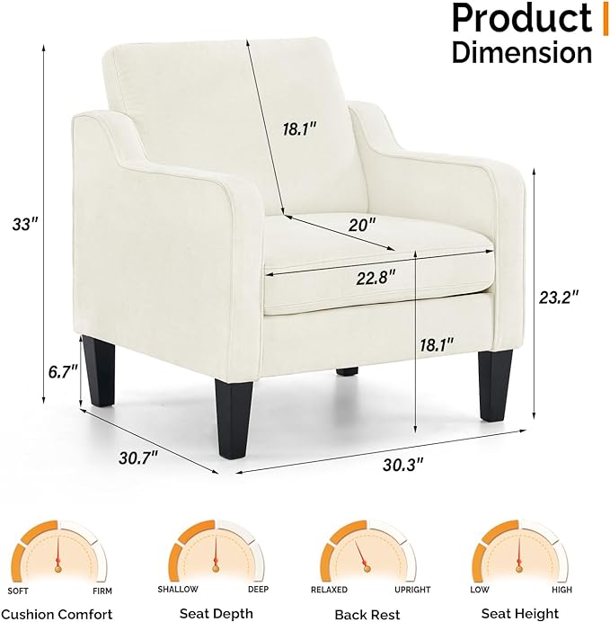 VINGLI Accent Chairs for Living Room Chairs Reading Chair Mid Century Modern Chair Soft Chenille Sofa Chair Upholstered Arm Chair Comfy Chair Side Chair (Creamy White Chenille) - LeafyLoom