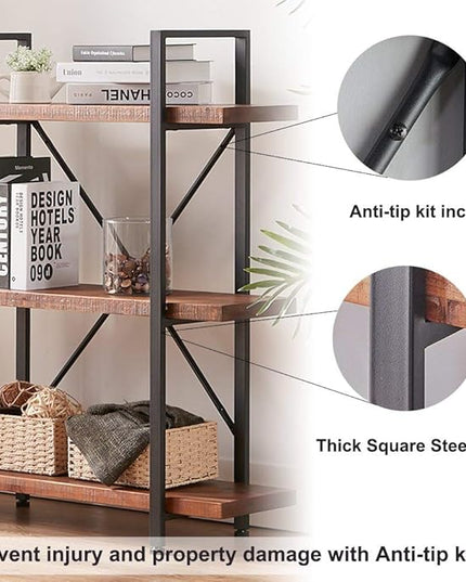 HSH Natural Real Wood Bookshelf, 3 Tier Rustic Vintage Industrial Etagere Bookcase, Open Metal Farmhouse Solid Wooden Book Shelf, Distressed Brown - LeafyLoom