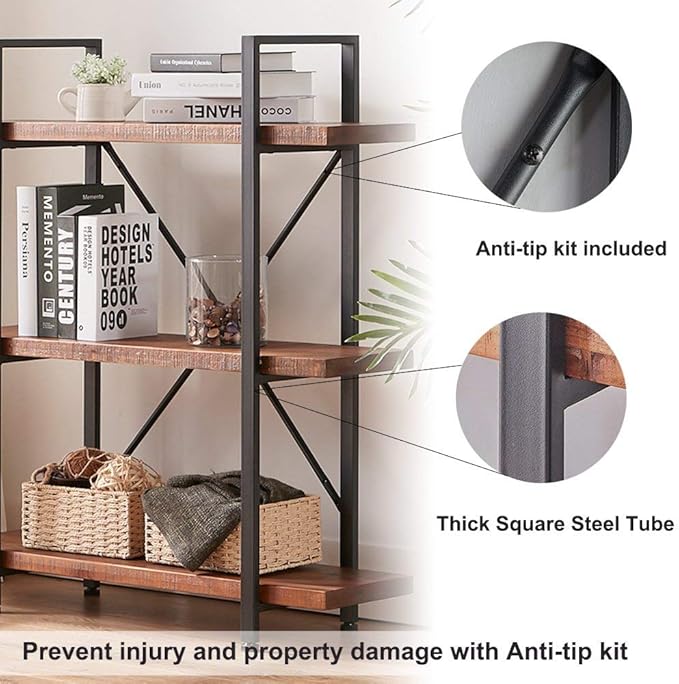 HSH Natural Real Wood Bookshelf, 3 Tier Rustic Vintage Industrial Etagere Bookcase, Open Metal Farmhouse Solid Wooden Book Shelf, Distressed Brown - LeafyLoom