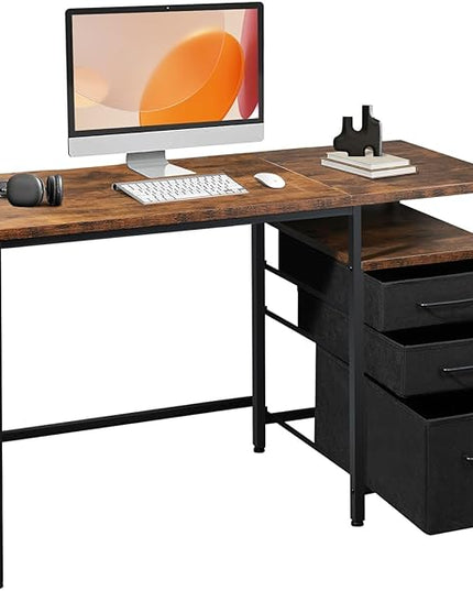 Computer Desk with Drawers, 47 Inch Desk with 2 Drawers and Shelves, Office Desk with Storage, Desk with Storage Bag, Home Office desks with Drawers, Metal Frame for PC Laptop, Rustic Brown - LeafyLoom