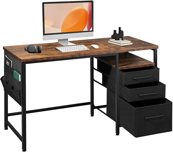 Computer Desk with Drawers, 47 Inch Desk with 2 Drawers and Shelves, Office Desk with Storage, Desk with Storage Bag, Home Office desks with Drawers, Metal Frame for PC Laptop, Rustic Brown - LeafyLoom