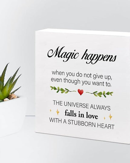 Inspirational Wood Sign,Magic Happens When You Do not Give Up Wood Block Sign Desk Decor,Motivational Sign Wooden Box Plaque Sign for Home College Office Shelf Table Decor Decorations - LeafyLoom