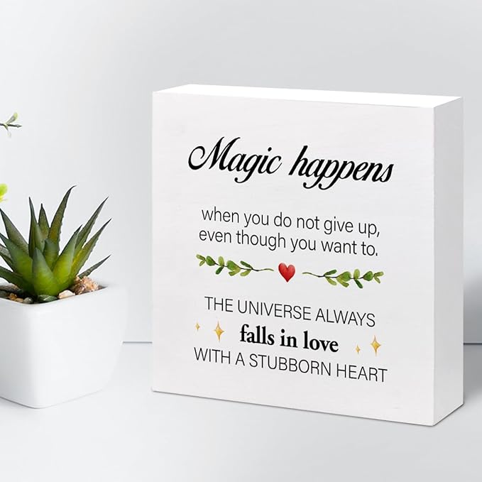 Inspirational Wood Sign,Magic Happens When You Do not Give Up Wood Block Sign Desk Decor,Motivational Sign Wooden Box Plaque Sign for Home College Office Shelf Table Decor Decorations - LeafyLoom