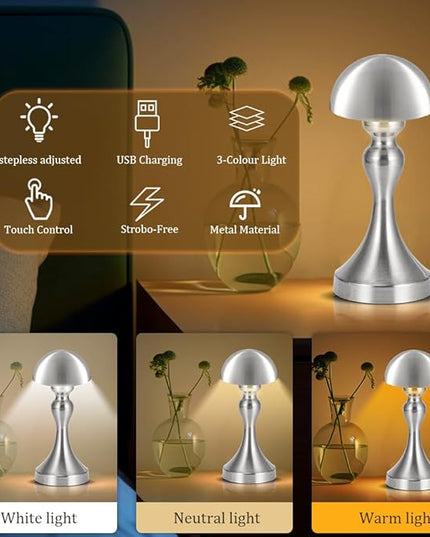 Portable LED Table Lamp, 3-Levels Brightness Metal Desk Lamp, 3 Color Touch Control Rechargeable Lamp, Night Light, Bedside Lamp,Dining Room Lamp (Silver) - LeafyLoom