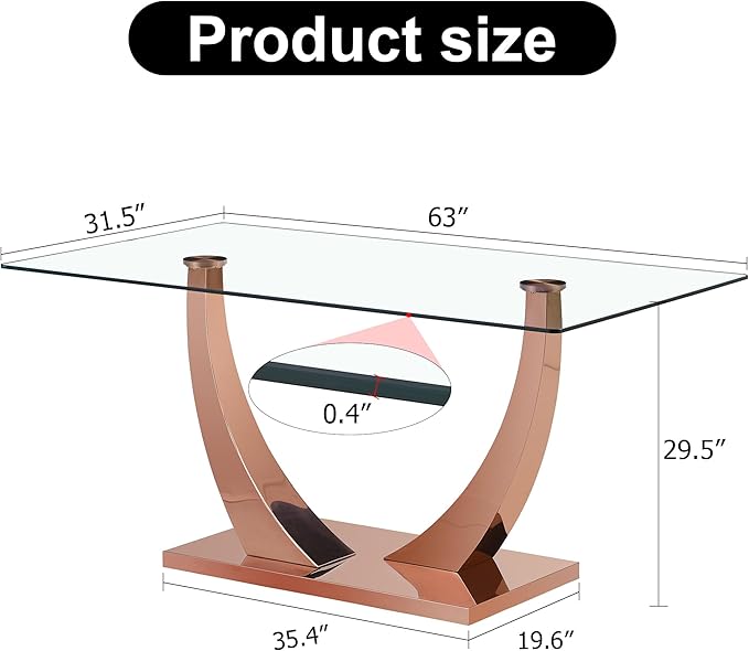 NicBex 63Inch Rectangular Dining Table,Modern Kitchen Table with Tempered Glass Tabletop and Rose Gold Metal Legs for 6 to 8,Large Dining Room Table for Kitchen,Meeting Living Room,Rose Gold - LeafyLoom