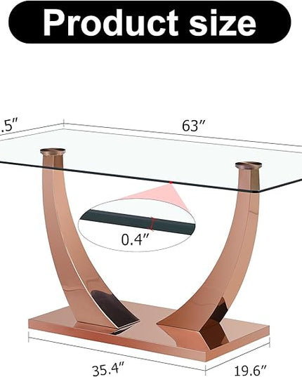 Modern Glass Table with Rectangular Tempered Tabletop,Dinner Desk Set for 4-8 People W, Home,Kitchen,Dining Room,Office,Rose Gold+Clear Finish, 63" U-Shape Pedestal Base - LeafyLoom