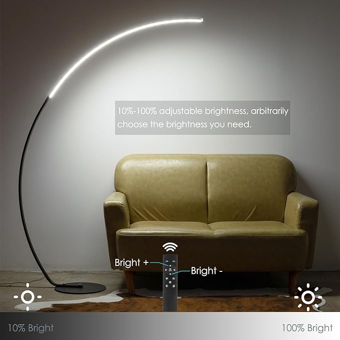NUÜR Arc Floor Lamp, 67" Tall Black Gold LED Modern Standing Floor Lamp with Remote Control, Arched Bright Floor Lamps for Living Room Bedroom Office Home (Black) - LeafyLoom