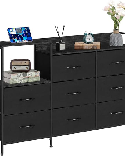 MOOACE TV Stand with Charging Station, 52'' Long TV Stand with 8 Storage Drawers and Open Shelves, Chests, Dresser for Bedroom, Living Room, Black - LeafyLoom