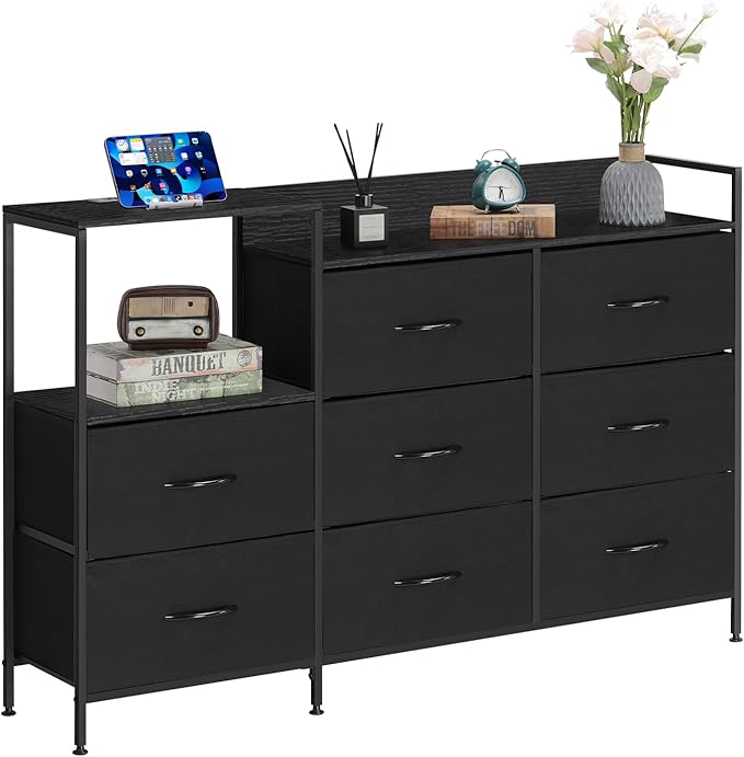 MOOACE TV Stand with Charging Station, 52'' Long TV Stand with 8 Storage Drawers and Open Shelves, Chests, Dresser for Bedroom, Living Room, Black - LeafyLoom
