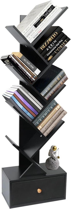 8-Tier Bookshelf Tree Bookshelf Book Tree with Drawer Wooden Bookshelves Storage Rack for CDs/Books, Shelves for Bedroom, Living Room & Office (Black) - LeafyLoom