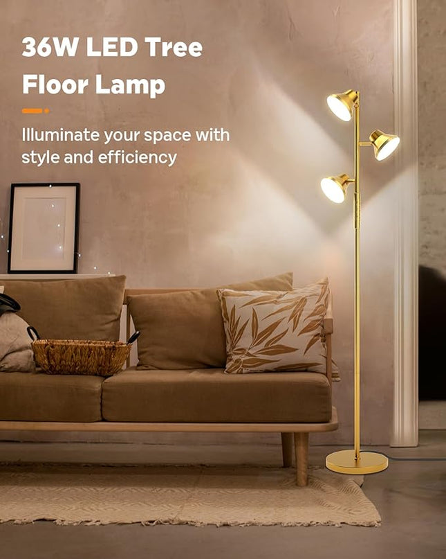 Gold Floor Lamp, 36W Modern LED Floor Lamp with Remote & Touch Control, 4 Color Temperatures, 3 Rotatable Lights, Floor Lamps for Living Room Bright Lighting, Bedroom, Office - LeafyLoom