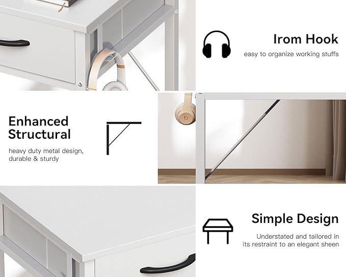 ODK Small Desk with Fabric Drawers- for Bedroom, White Vanity Desk with Storage, Home Office Computer Desk for Small Spaces, 32 Inch Modern Work Writing Study Table, White - LeafyLoom