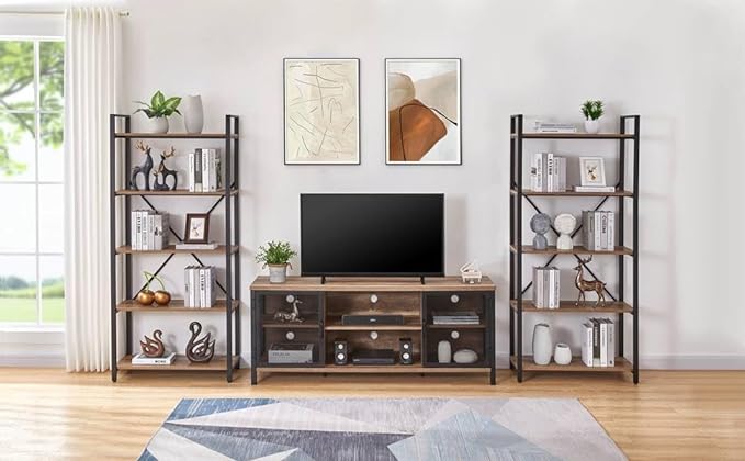 FATORRI Industrial Entertainment Center for TVs up to 65 Inch, Rustic Wood TV Stand, Large TV Console and TV Cabinet for Living Room (60 Inch Wide, Rustic Oak) - LeafyLoom
