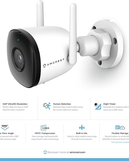 Amcrest SmartHome 4MP Outdoor WiFi Camera Bullet 4MP Outdoor Security Camera, 98ft Night Vision, Built-in Mic, 106° FOV, 2.8mm Lens, MicroSD Storage (Sold Separately), ASH43-W (White) Amcrest