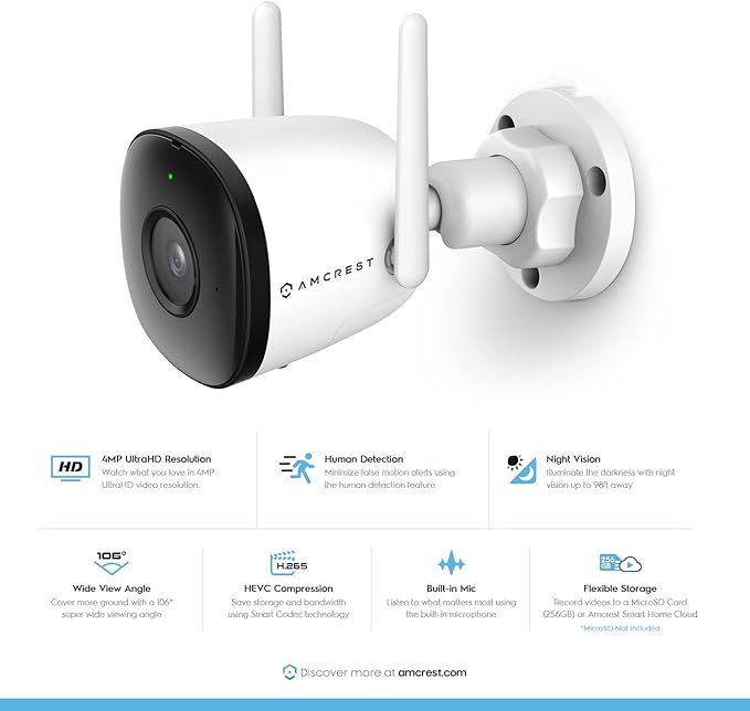 Amcrest SmartHome 4MP Outdoor WiFi Camera Bullet 4MP Outdoor Security Camera, 98ft Night Vision, Built-in Mic, 106° FOV, 2.8mm Lens, MicroSD Storage (Sold Separately), ASH43-W (White) Amcrest