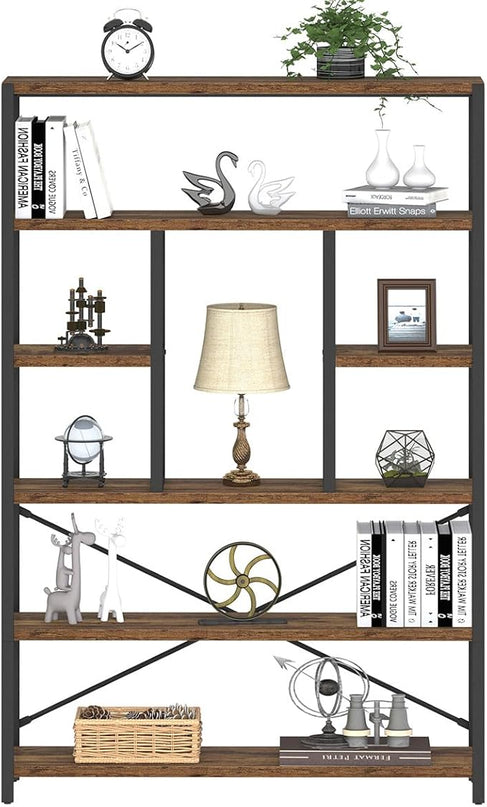 LVB Rustic Bookcases and Book Shelves, Metal Wood 6 Tier Bookshelf and Book Rack Storage, Industrial Vertical Display Etagere Book Case 6 Shelf, Vintage Large Book Shelf for Bedroom Living Room, Brown - LeafyLoom
