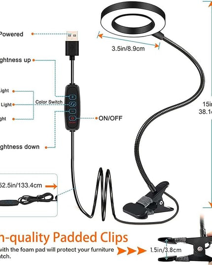 Clip on Light LED Reading Book Study Lamp 3 Color Modes 10 Brightness Eye Protection 360° Flexible Gooseneck Student Dormitory Office Desk Lamp at Night in Bed - LeafyLoom