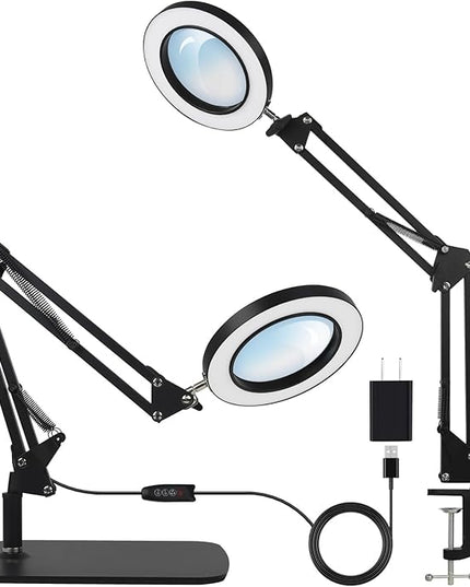 2-in-1 LED Magnifier Desk Lamp with Clamp,Magnifying Glass with Light and Stand,3 Color Modes Stepless Dimming, for Home Office Close Work, Repair, Crafts, Reading,Sewing - LeafyLoom