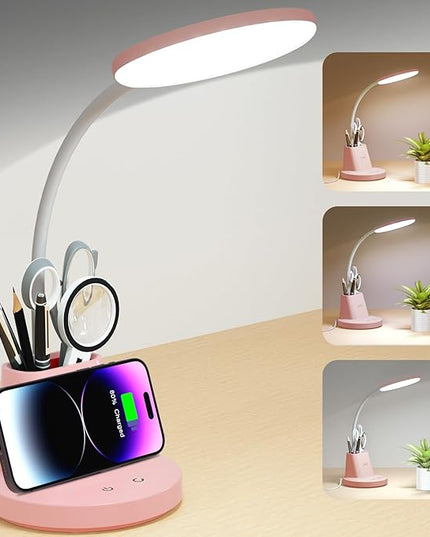 Sailstar Desk Lamp for Home Office, Small Desk Lamp with Wireless Charger & Pen Holder, Cute Desk Lamp LED Dimmable Touch 3 Lighting Modes Memory, Gooseneck Pink Desk Light for College Dorm Room - LeafyLoom