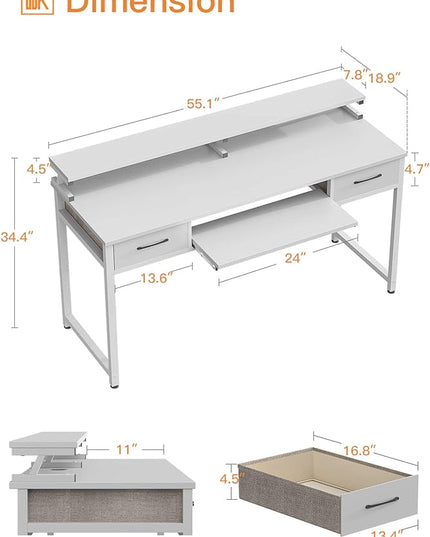 ODK Computer Desk Study Table, 55 Inch Office Desk with Drawers and Keyboard Tray, Study Desk Work Desk with Monitor Shelf, Writing Desk with Storage for Home Office, White - LeafyLoom