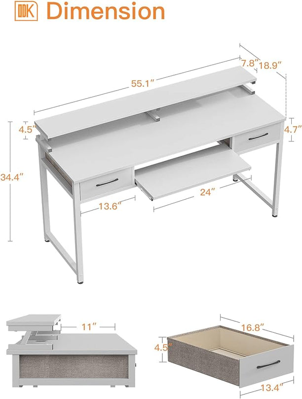 ODK Computer Desk Study Table, 55 Inch Office Desk with Drawers and Keyboard Tray, Study Desk Work Desk with Monitor Shelf, Writing Desk with Storage for Home Office, White - LeafyLoom