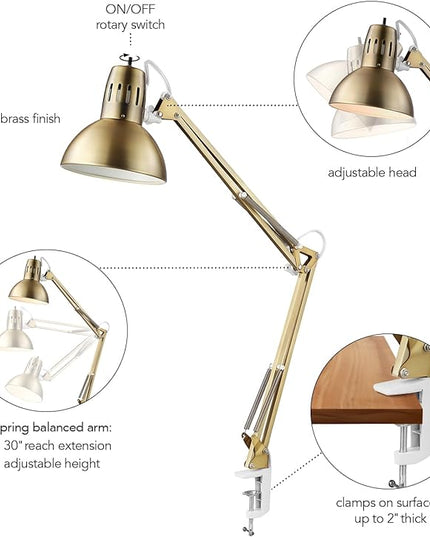 Globe Electric 62000010 32" Multi-Joint Desk Lamp with Metal Clamp, Matte Brass, White Accents, On/Off Rotary Switch on Shade, Partially Adjustable Swing Arm, Home Décor, Office Accessory - LeafyLoom