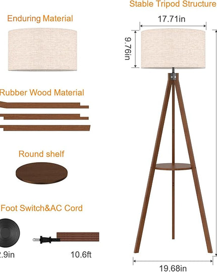 LEPOWER Tripod Floor Lamp, Mid Century Wood Standing Lamp, Modern Design Shelf Floor Lamp for Living Room, Bedroom, Office, Flaxen Lamp Shade with E26 Lamp Base Brown - LeafyLoom